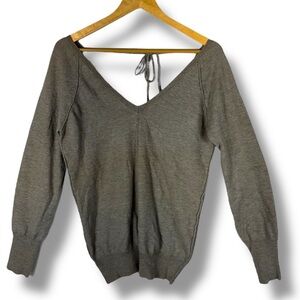 Theory Tie Back Double Deep V Neck Exposed Seam Sweater, Tan, Size Medium